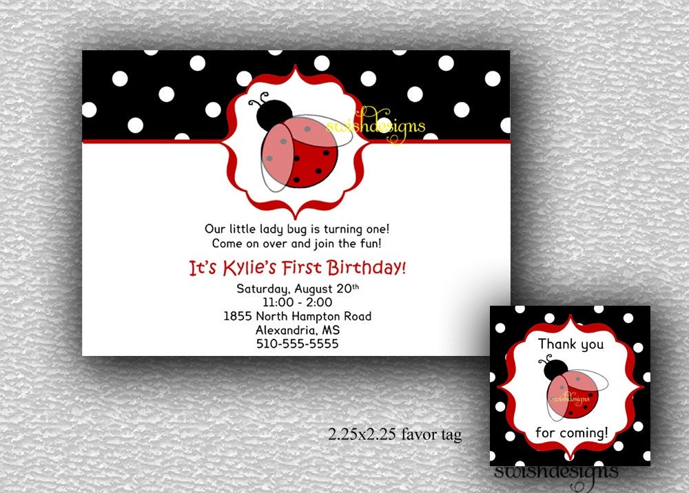 Ladybug first birthday invitation and favor tag - 5x7 jpg - printable party diy digital polka dot ladybugs Il_570xn