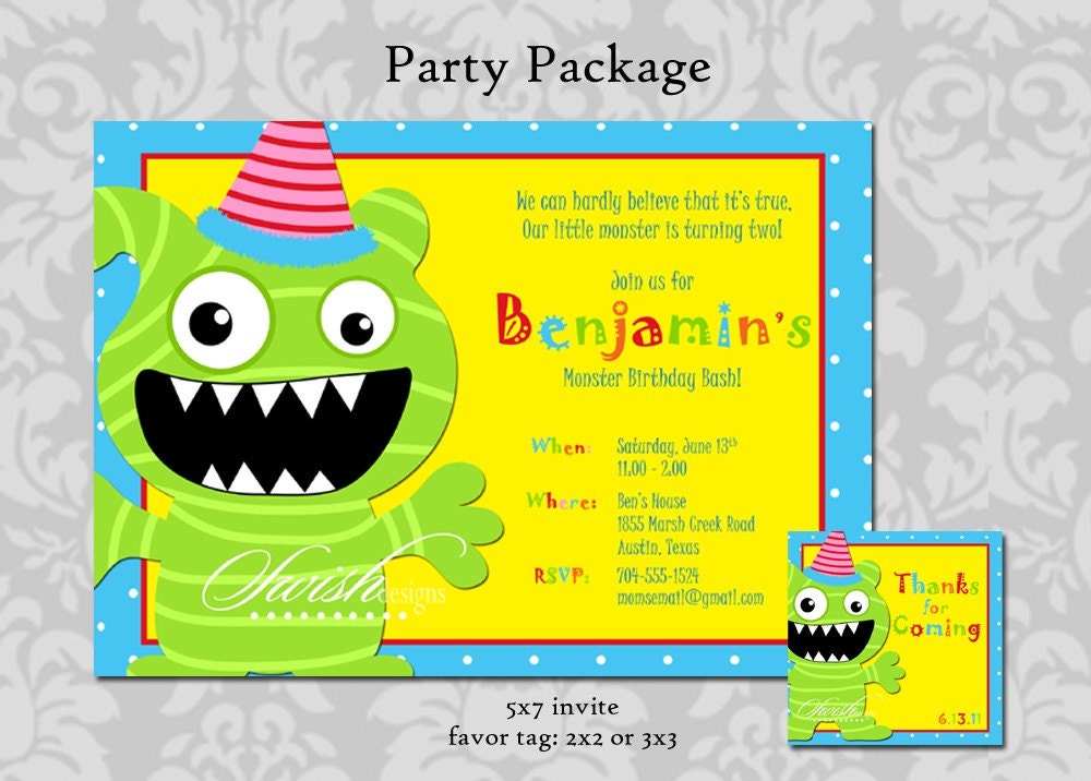 Monster birthday invitation and favor tag-5x7 invite and favor tag-printable diy digital polka dot green orange yellow teal turquoise blue Il_570xn
