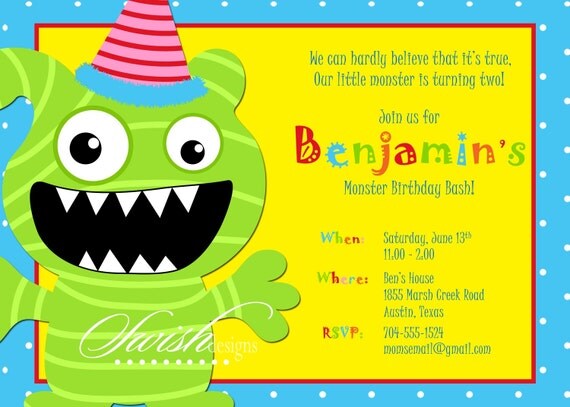 Monster Birthday Invitation Invite - Printable Party polka dot green orange yellow Il_570xn