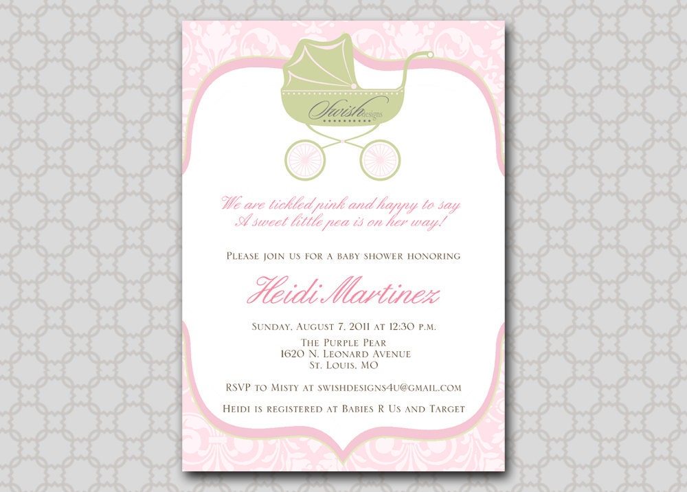 Shabby Chic Baby Shower Invitation - pink and green damask - baby carriage - printable diy party Il_570xn