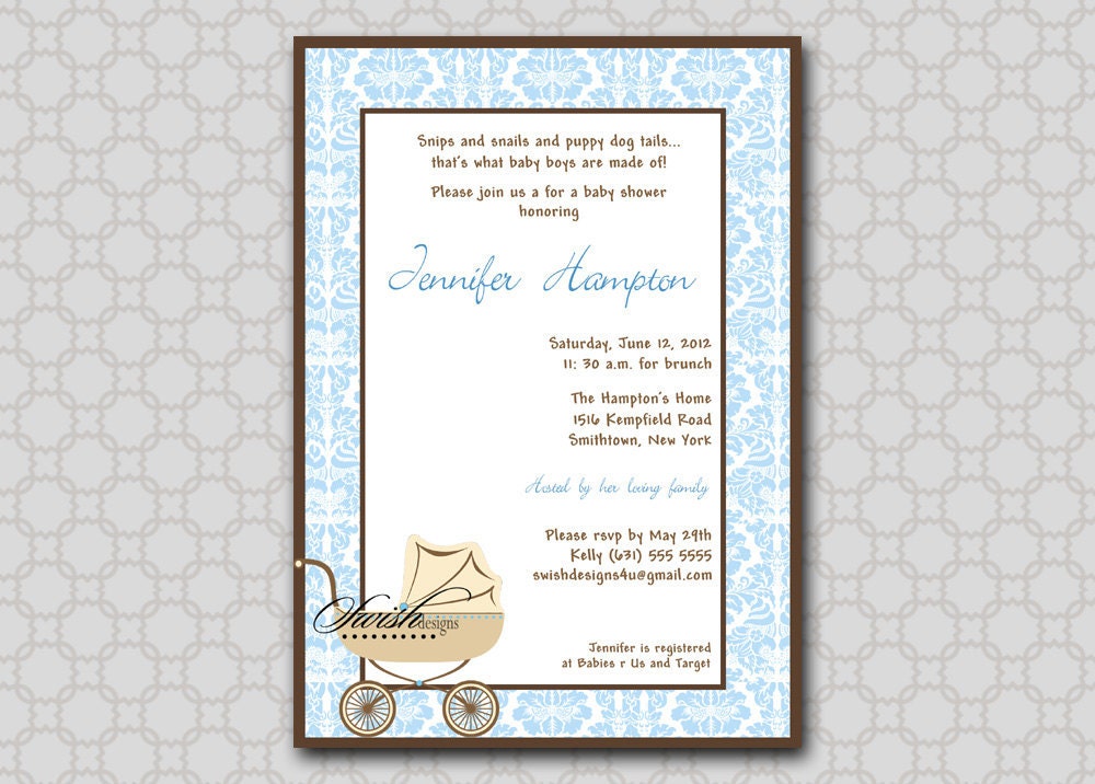 Baby Carriage Baby Shower Invitation - Blue Damask - printable diy party Il_570xn
