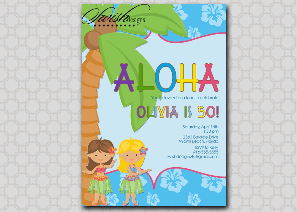 Luau Birthday Invitation - Hula boy Hula girl- Digital Printable Birthday 5x7 Invite Il_570xn