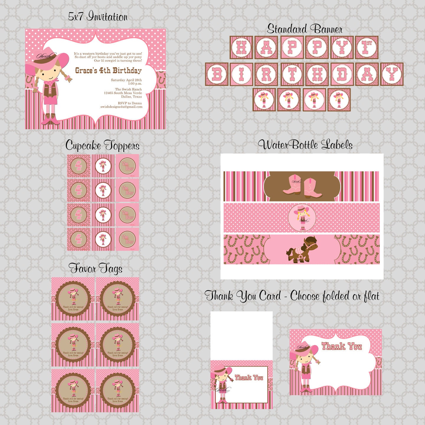 Cowgirl Birthday Party - Printable DIY Includes custom 5x7 invite, favor tags, cupcake toppers, water bottle labels and more Il_570xn