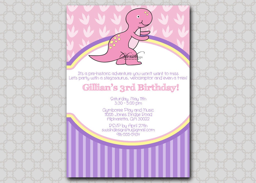 Dinosaur Birthday Invitation - 5x7 printable digital invite - Stripes girl printable digital invitations Il_570xn