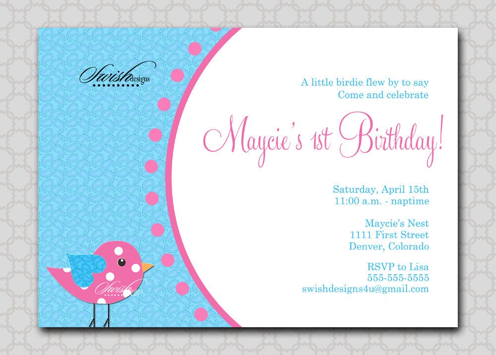 Bird Birthday Invitation - Birdies Birds 5x7 Invite Printable DIY - calico, paisley, polka dot Il_570xn