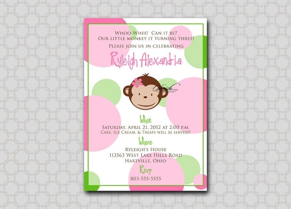 Monkey Birthday Invitation - Girl - Mod Monkey Modern Photo printable 5x7 invite invitations. pink green polka dot Il_570xn