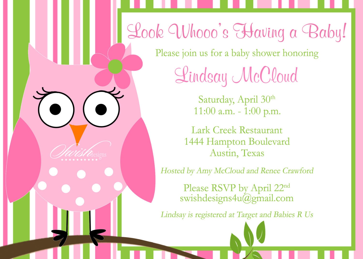 Owl Birthday Invitation - First Birthday Look Whoo's Turning One Stripes girl printable digital invitations pink and green