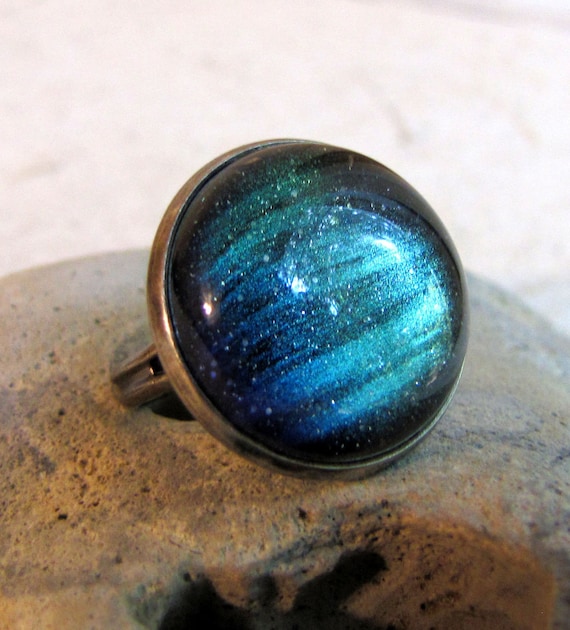 Northern Lights Ring - Blue Green Night Sky Ring in Antiqued Silver