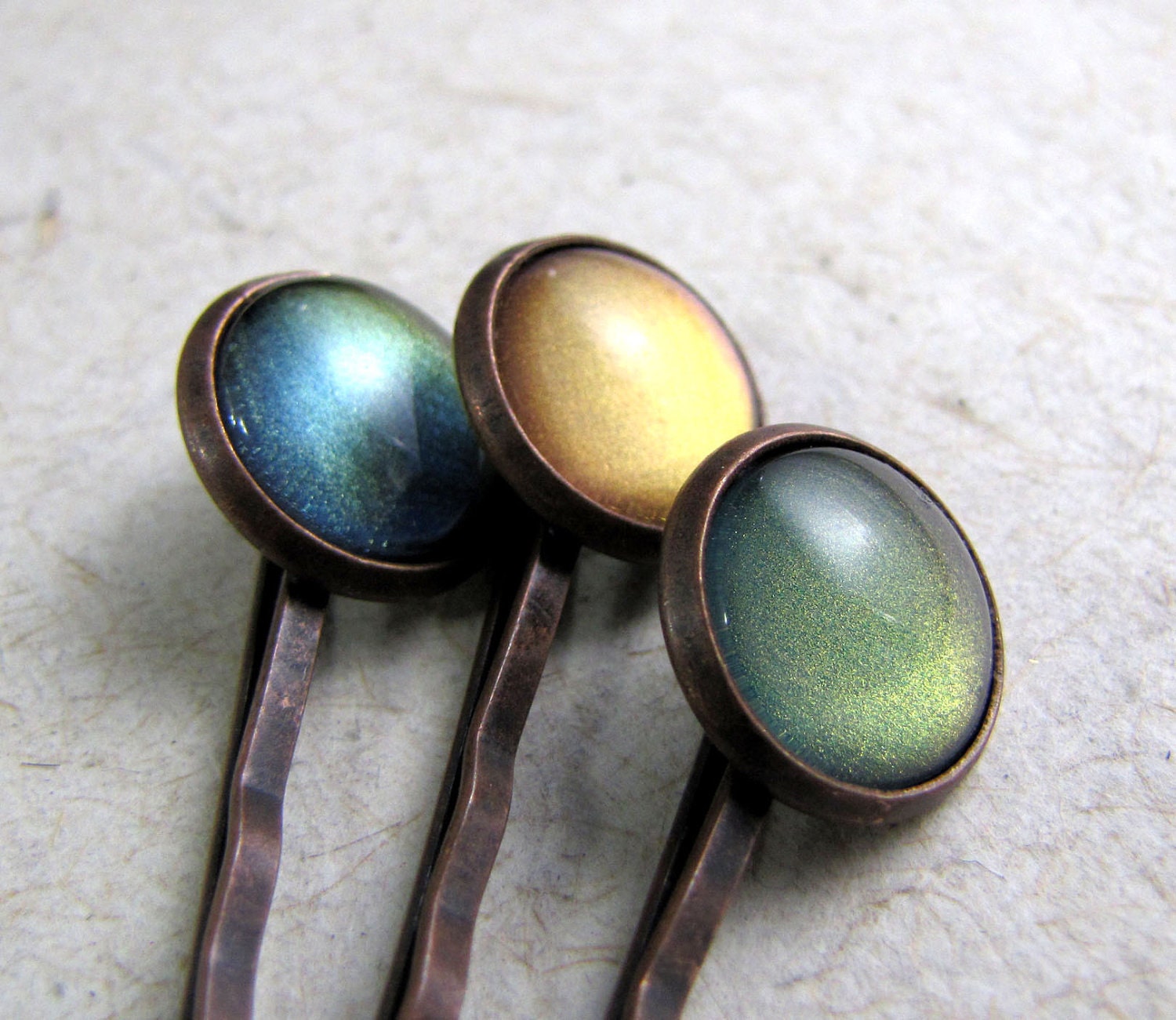 Rustic Gems Hairpin Set Antiqued Copper Green Pink Peach Olive Rose