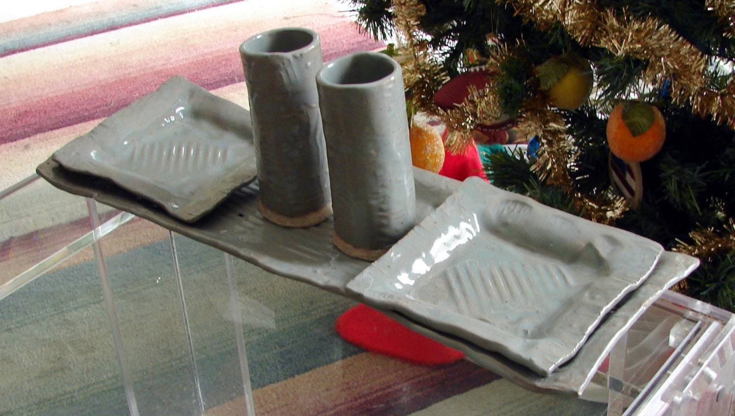 Ceramic Serving Platter, Plates and Tumbler Set / Handmade Stoneware Pottery