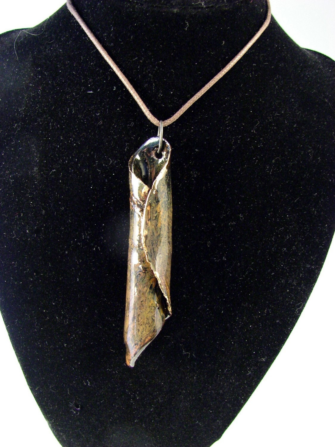 Ceramic Pendant w Gold / Handmade Clay Stoneware Pottery