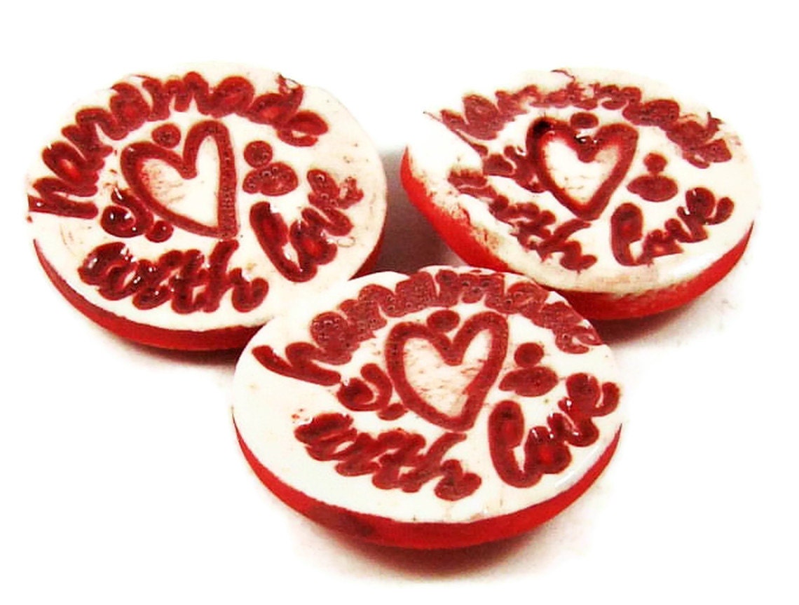 Ceramic Buttons w Heart - Stamped "Handmade With Love" - Porcelain Clay Pottery Valentine Buttons - Ships Today