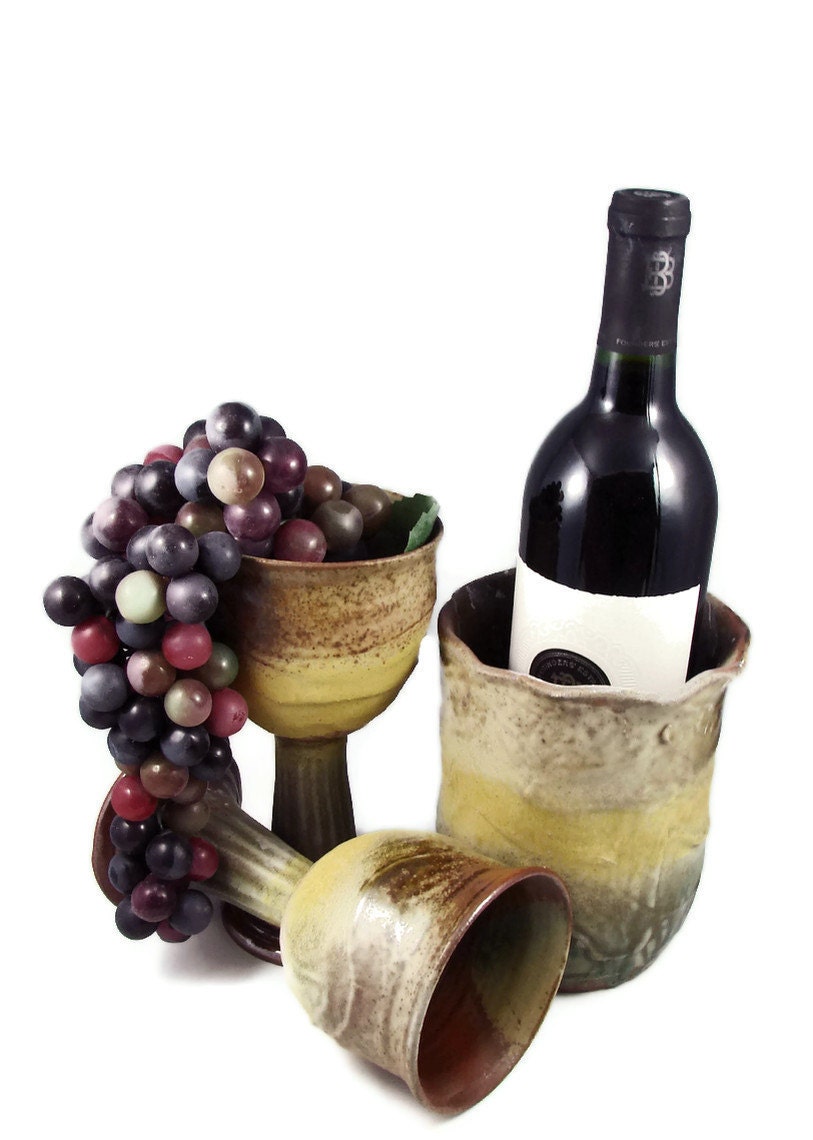 Ceramic Wine Cooler and Goblets - Perfect for Your Wedding Toast Ceremony - Handmade Barware - Wheel Thrown Pottery Goblets - Ships Today