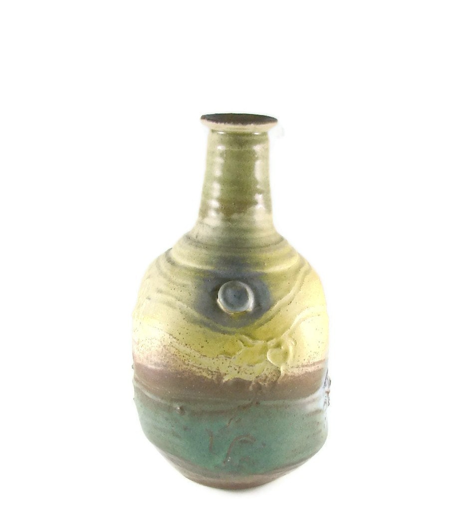 Large Yellow Green Ceramic Bottle Vase - Textured and Glazed Art Decoration - Ready to Ship Clay Pottery