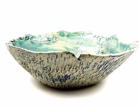 Large Aqua Stoneware Bowl / Handmade Ceramic Clay Pottery