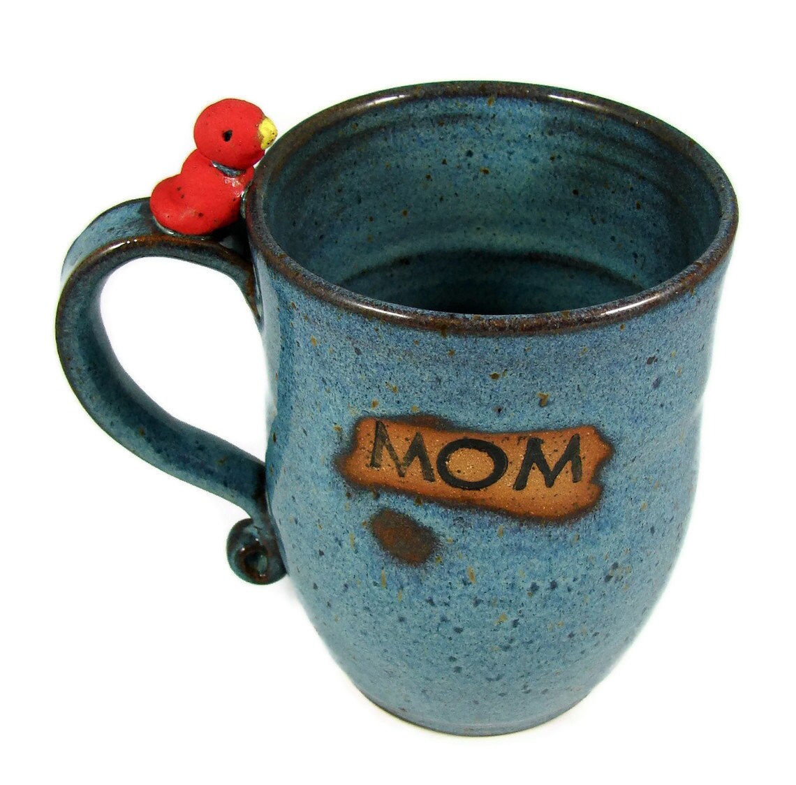 Blue MOM Mug with Red Bird / Ready to Ship Today / Handmade Pottery Wheel Thrown Stoneware Clay / Ready to Ship
