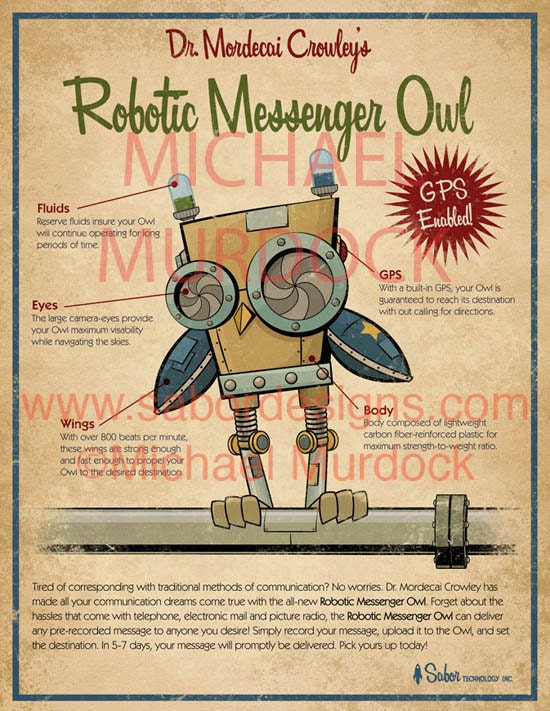 Retro Robot Owl Art Print - Vintage style