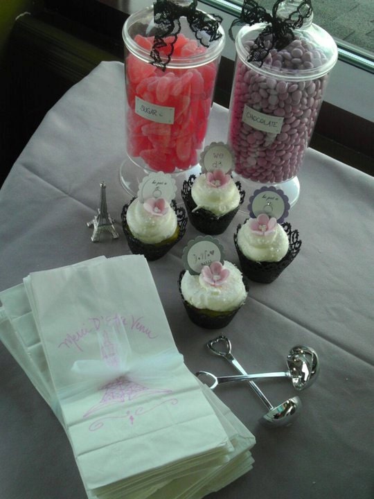 Set of 15 Paris Party Favor Bags Personalized and the Eiffel Tower Choose Pink Black Purple Candy Station Bags