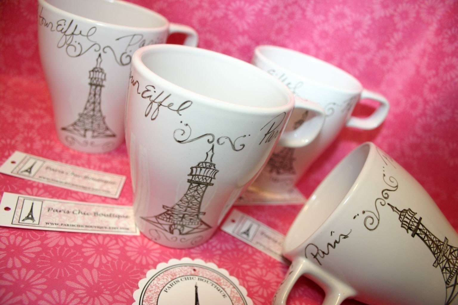 SALE - Paris Cafe Cups Mugs Set of 4 with Eiffel Tower in French
