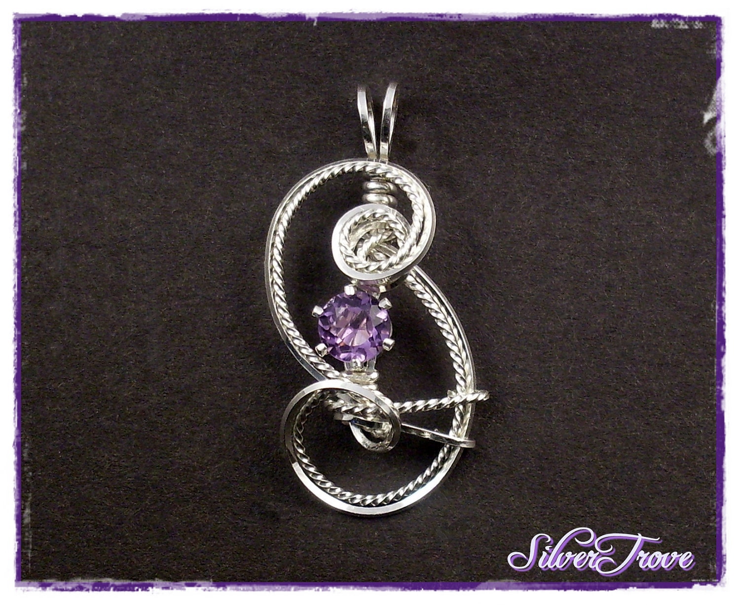 Sterling Silver Pendant Wire Sculpture Faceted Round Amethyst Gemstone 0.7 carat 'Petite Fleur'