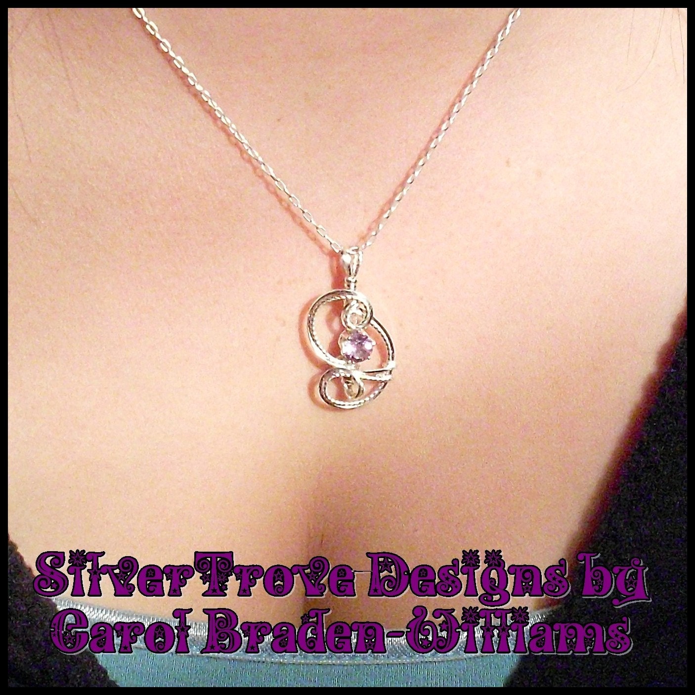Sterling Silver Pendant Wire Sculpture Faceted Round Amethyst Gemstone 0.7 carat 'Petite Fleur'