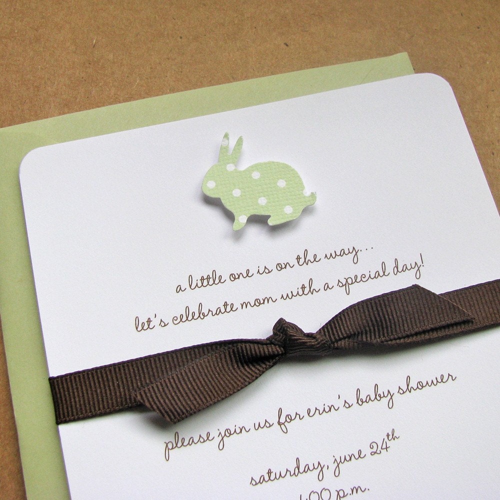 baby shower invites chocolate grosgrain ribbon, gender neutral, handmade, baby bunny - set of 8