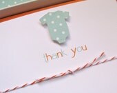 baby shower thank you, heavy cotton card stock, handmade, pool polka dot onesie