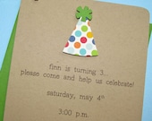1st birthday invitations - handmade polka dot recycled party hat on kraft stock  - set of 8