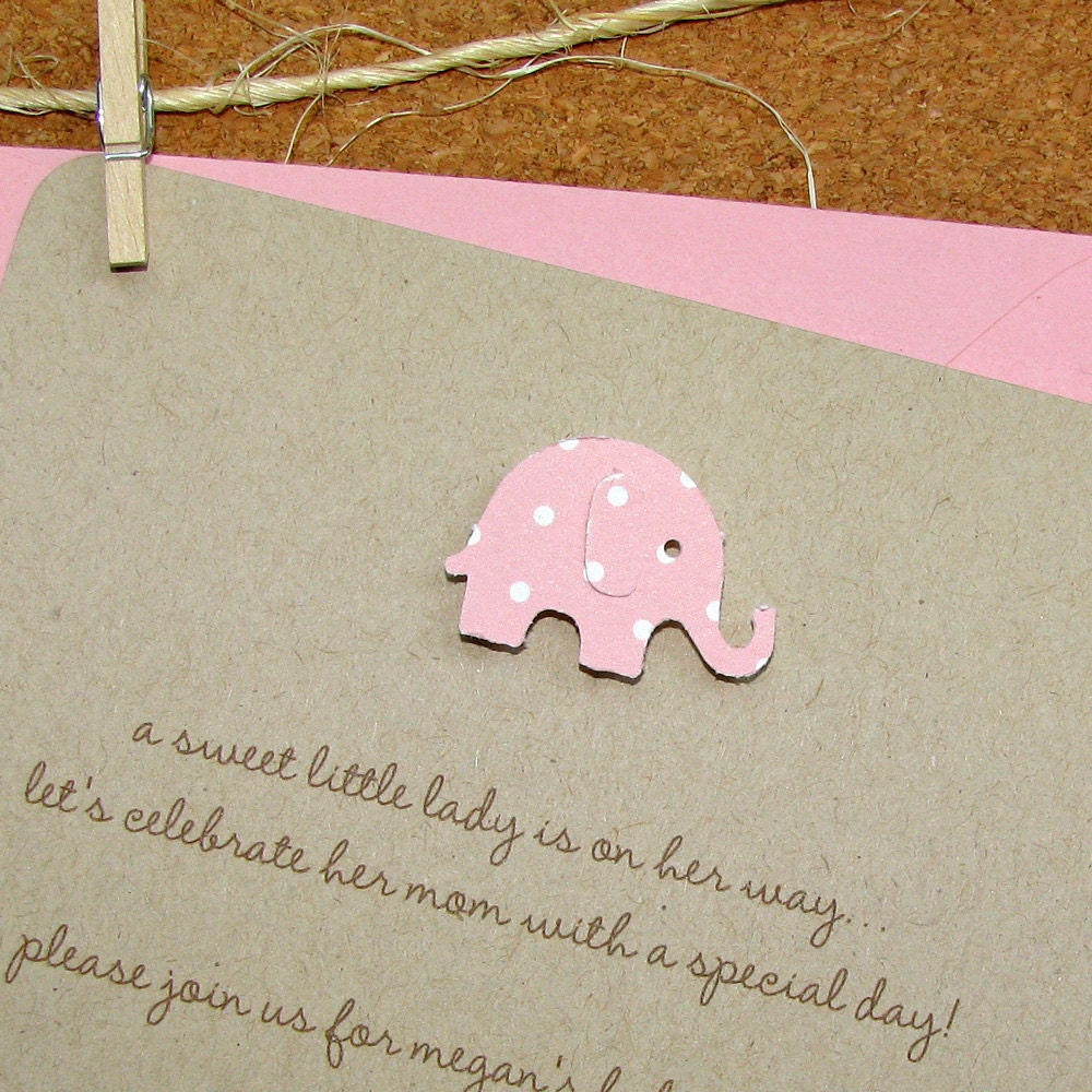 girls baby shower invitation blossom pink polka dot elephant, 100% recycled kraft stock  - set of 8