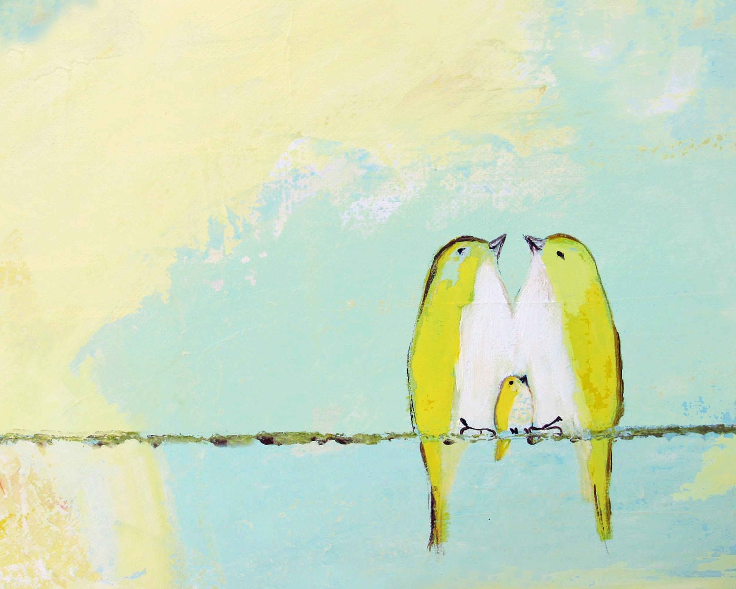 Our Lemon Meringue Sky (5x7 Print parent birds with one baby on a wire)