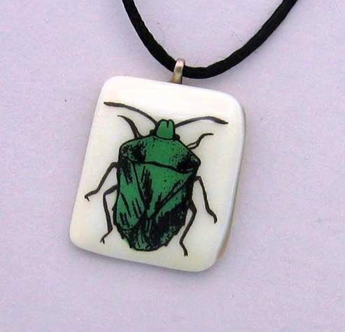 Glass Pendant Necklace- Big Green Bug