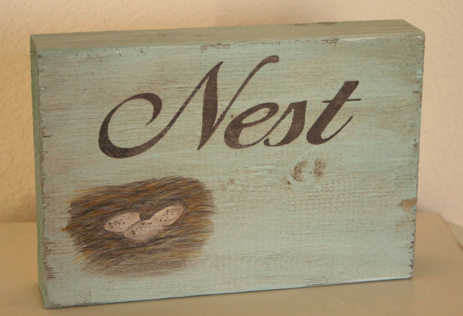 Spring Nest Robins Egg - Hand Painted and Distressed Block