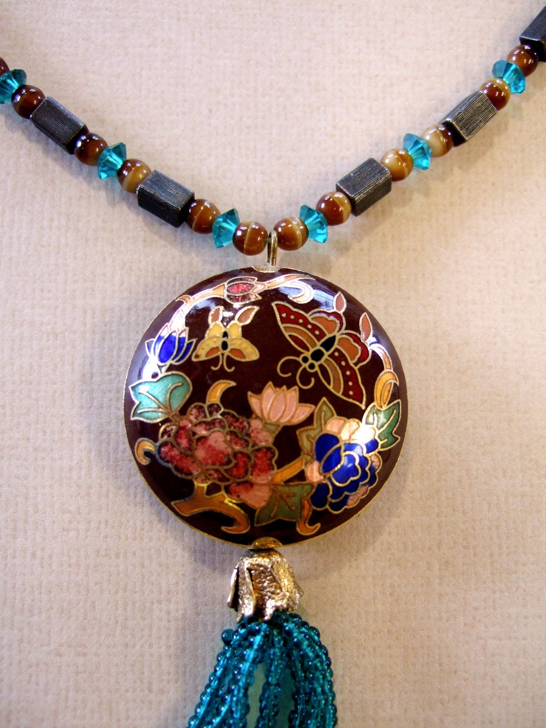 Vintage Cloisonne Pendant Handbeaded Stone Necklace