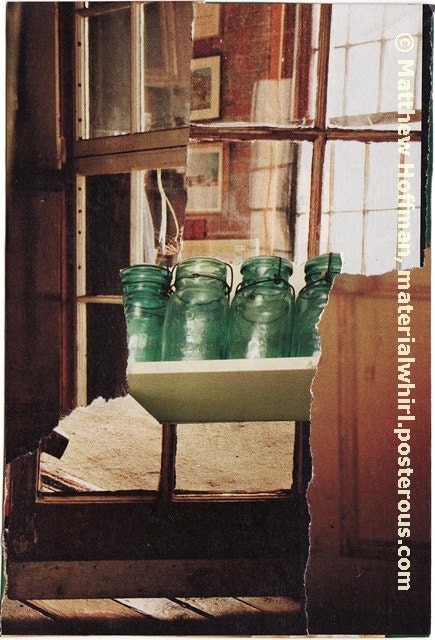 paper collage are for framing or notecard GREEN MASON JARS - handmade original ooak from recycled paper