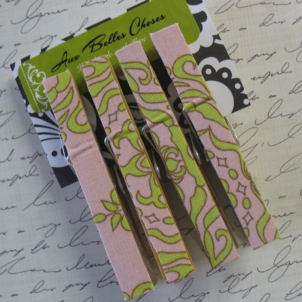 Pink and Green Damask Fabric Covered Clothespin Magnets - Set of 4