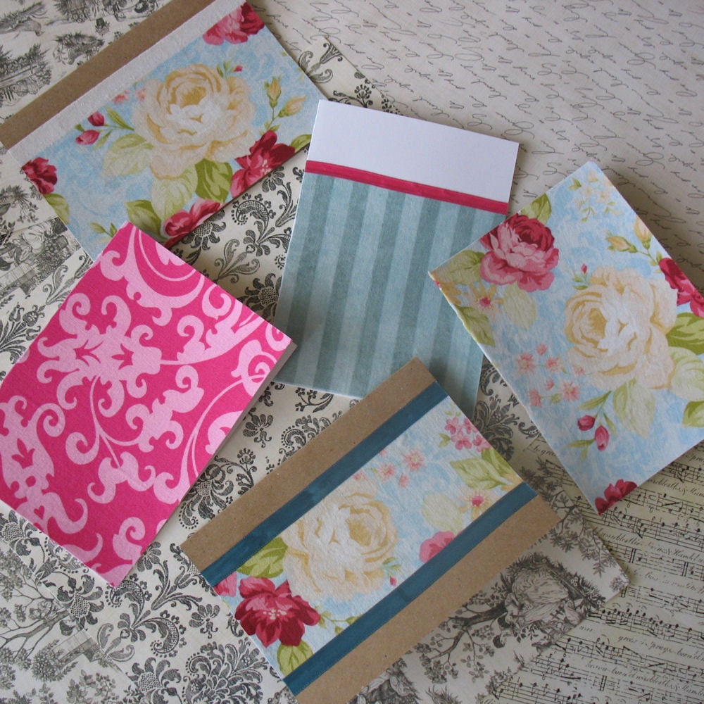 50% OFF - Set of 5 Coordinating Floral, Damask, Stripe Cards - Blank