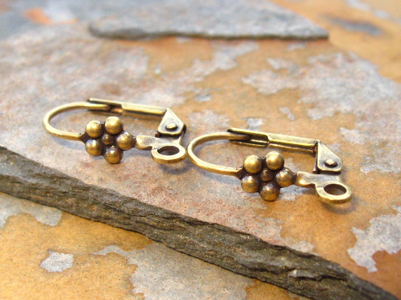 4 Antique Gold Lever Back Earrings With Flower   -  Trinity Brass Co. LOW SHIPPING