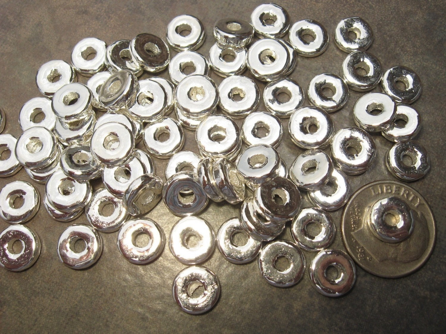 25 SILVER Greek Ceramic Beads Metalized 8mm Round Washer - Disk  Beads