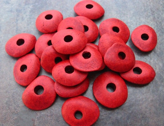10 RED Mykonos Greek Ceramic 13mm Cornflake Beads