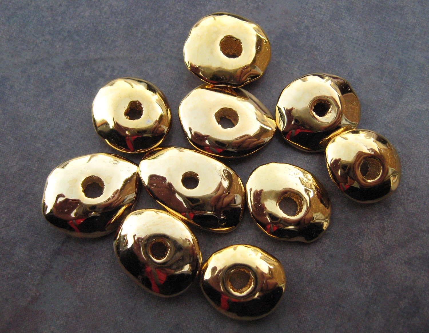 4 Mykonos Greek Ceramic Beads 24k GOLD 13mm CORNFLAKES - Chunky Chips Metalized Beads