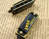 2pcs 38mm Black Vintage Style Harmonica Necklace Pendant HC002