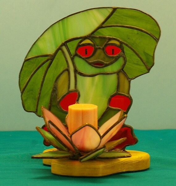 Handmade Stained Glass Frog and Lilly Candle Holder by glassnwood