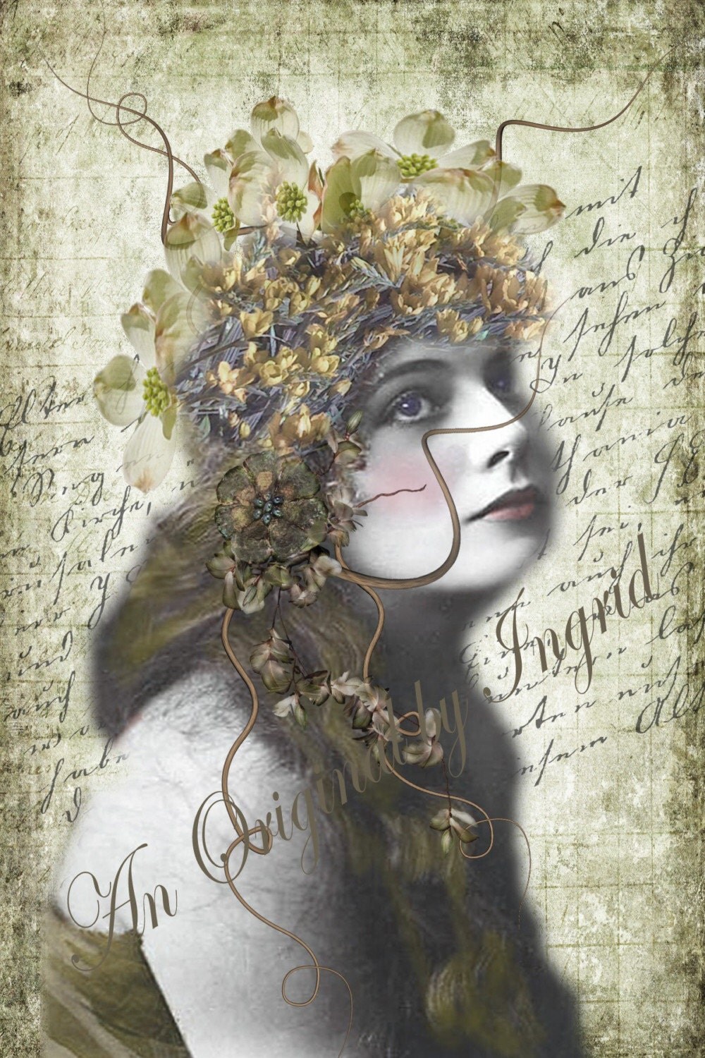 Flower Bouquet Lady Digital Collage Greeting Card (Featured in the 2010 Fall Issue of Somerset Digital Studio) (Suitable for Framing)