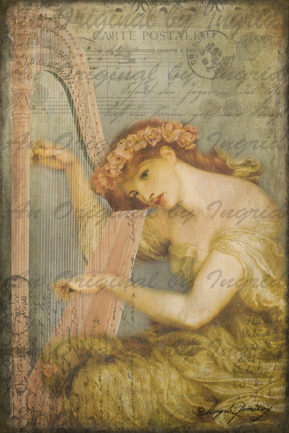 Beauty with Harp Digital Collage Greeting Card (Suitable for Framing)