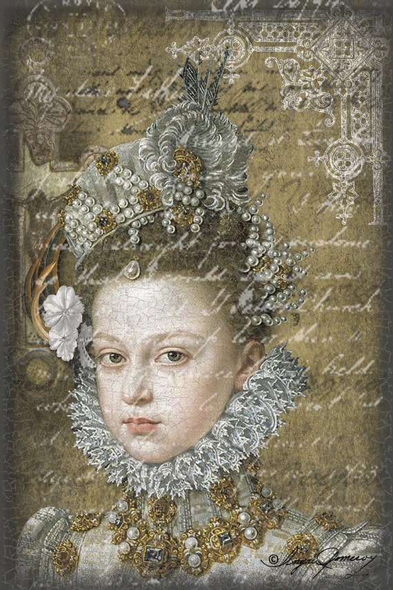 Elizabethan Queen with Writing Digital Collage Greeting Card (Suitable for Framing)