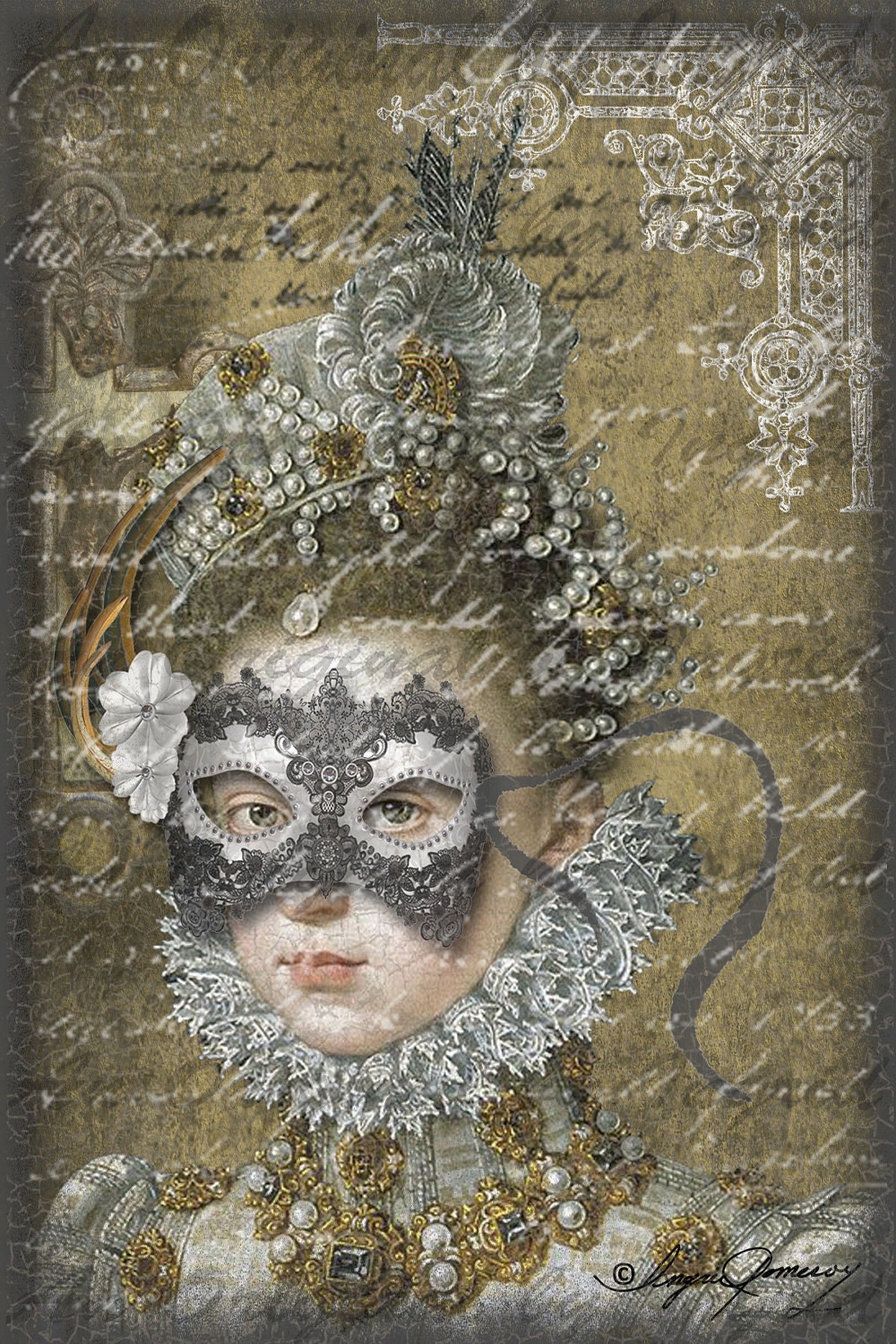 Elizabethan Queen with Mask and Writing Digital Collage Greeting Card (Suitable for Framing)