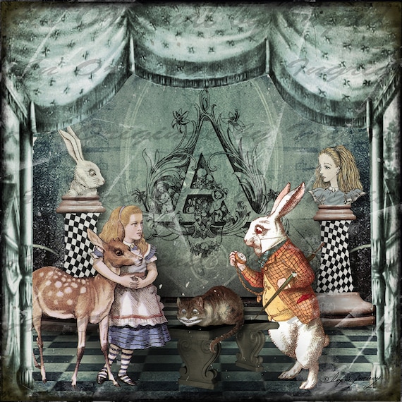 Alice and the White Rabbit Digital Collage Greeting Card (Suitable for Framing)