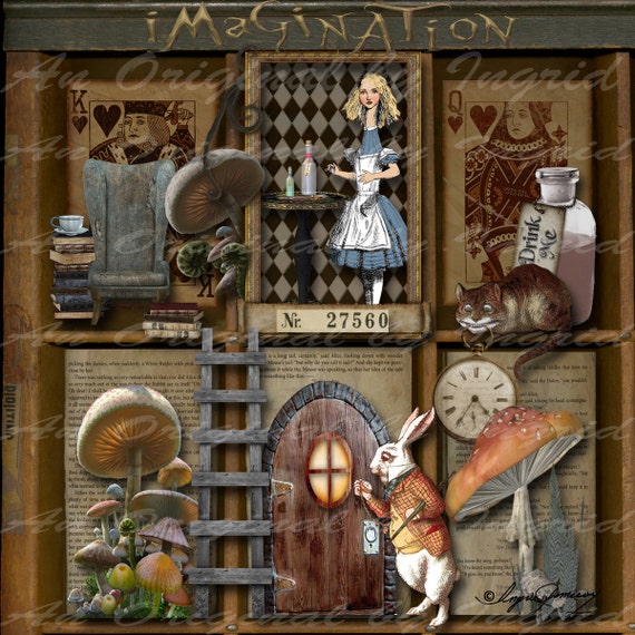 Shadowbox Alice Digital Collage Greeting Card (Suitable for Framing)