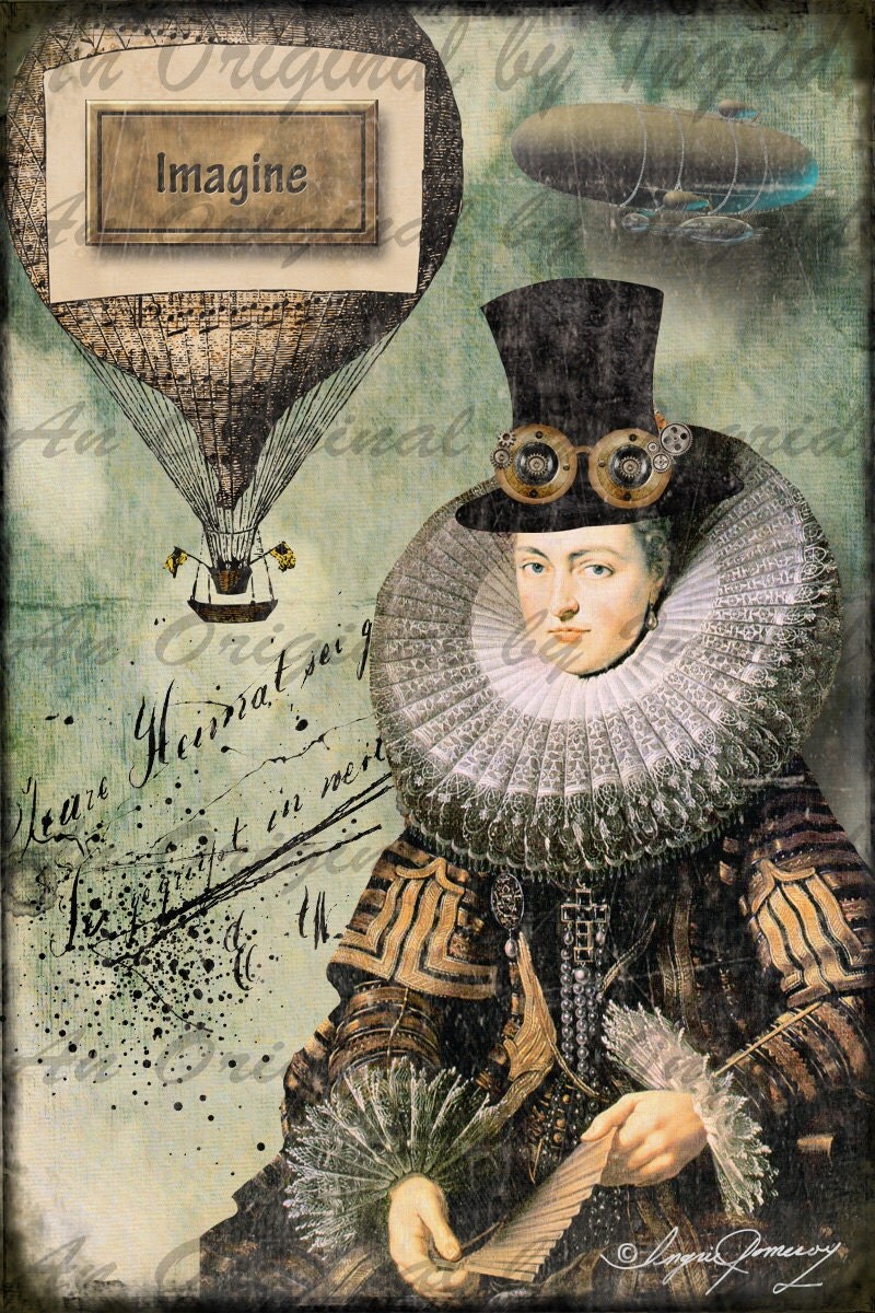 Steampunk Elizabethan Queen Digital Collage Greeting Card (Suitable for Framing)