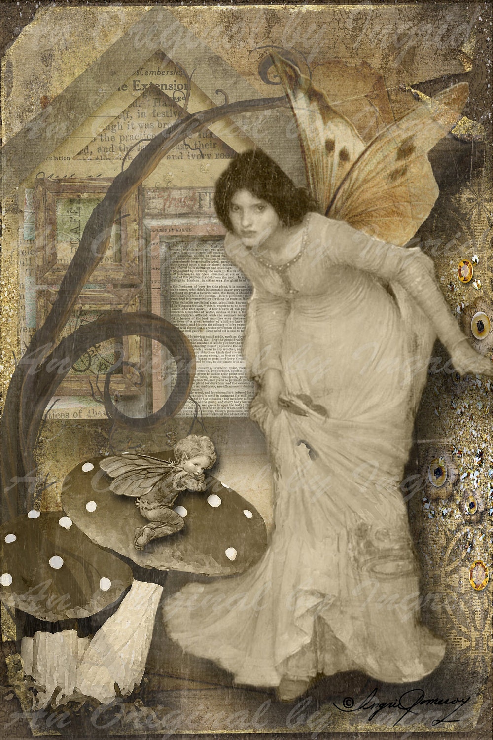 Mushroom Fairy Digital Collage Greeting Card (Suitable for Framing)